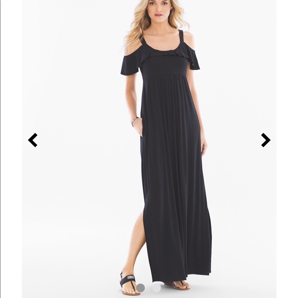SOMA Cold Shoulder Ruffle Accent Black Maxi Dress Side Slit Size Small Stretchy